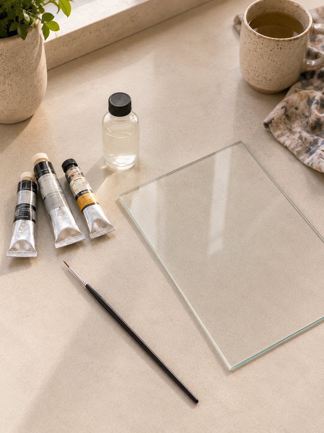 A small starter kit: a few paints, a brush and a glass pane on the counter
