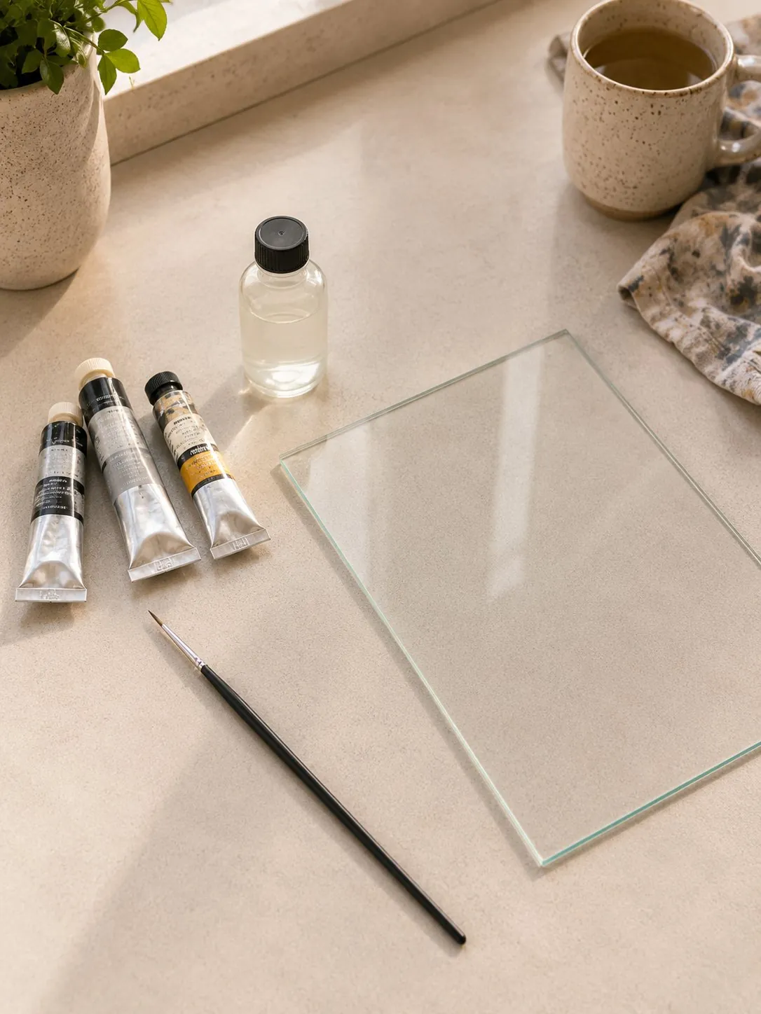 A small starter kit: a few paints, a brush and a glass pane on the counter