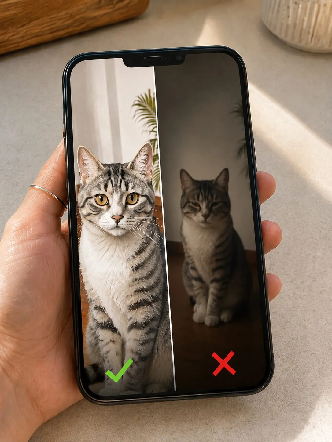 Phone screen showing a good vs bad reference photo of a cat