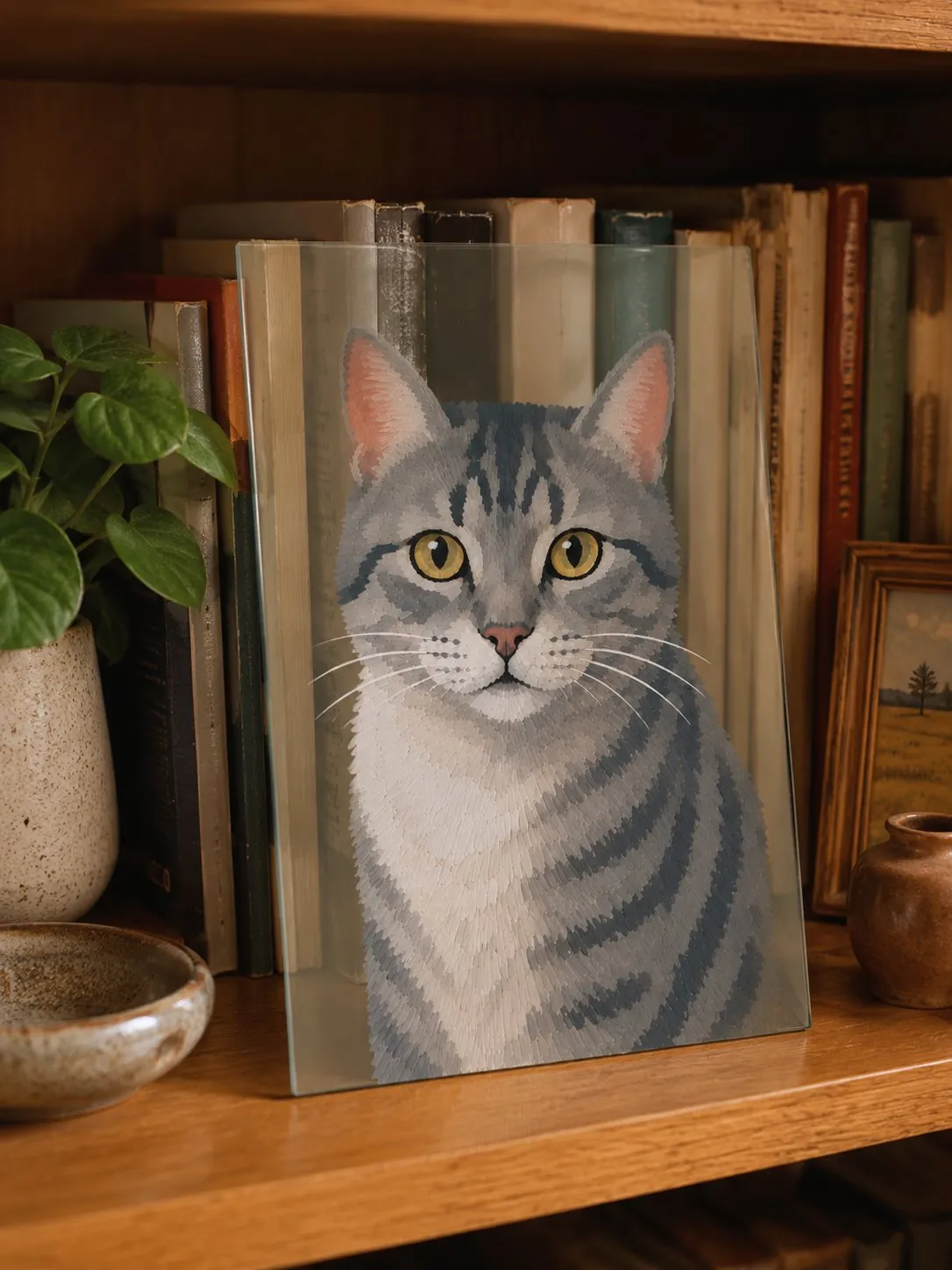 Finished glass cat portrait displayed on a bookshelf