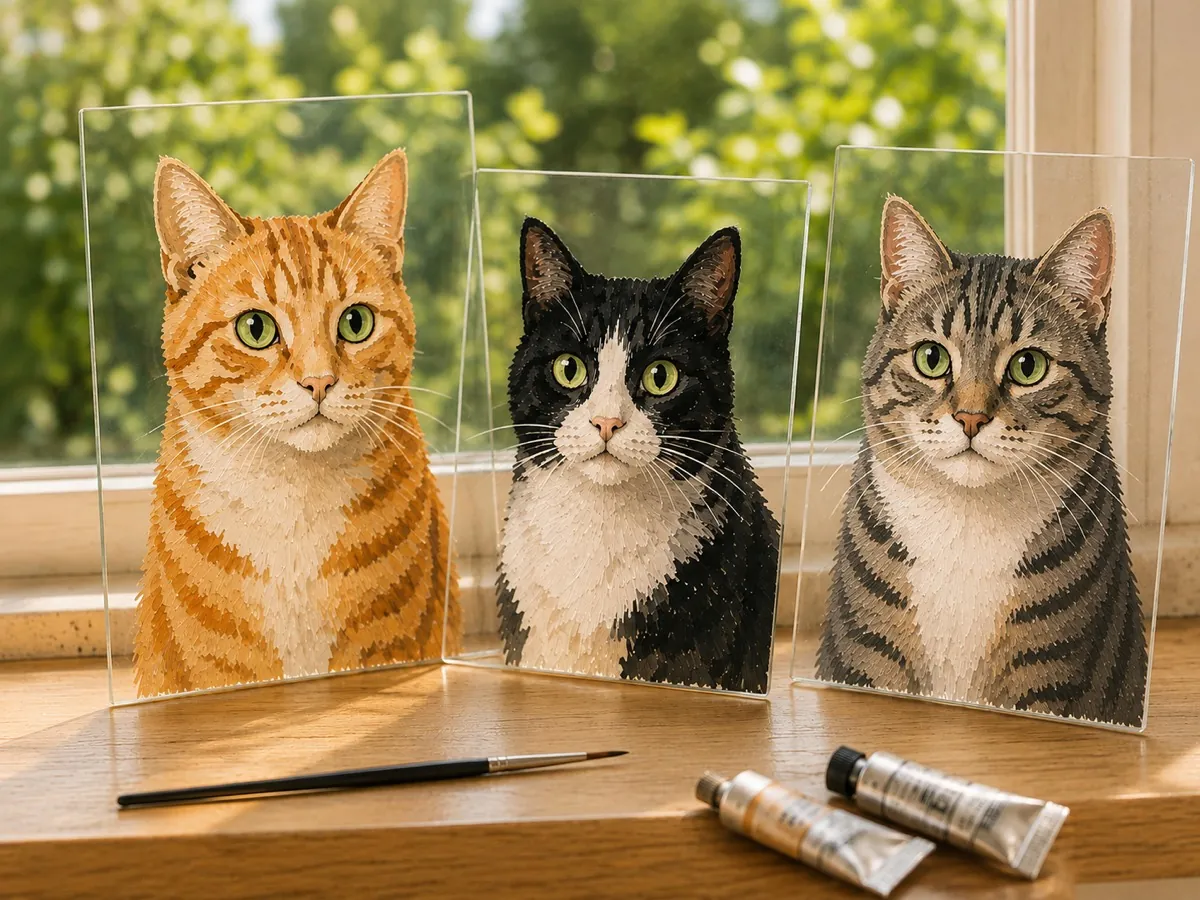 Three glass panes on a windowsill, each painted with a different cat