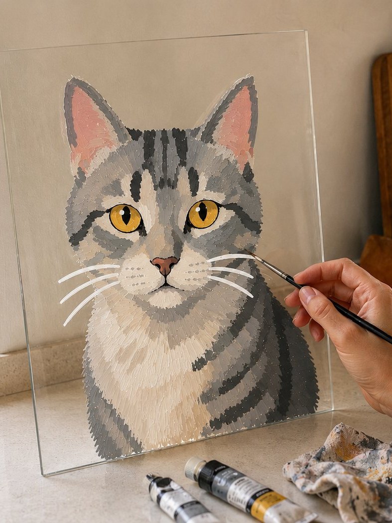 A hand painting a cat onto a clear pane of glass on a kitchen counter
