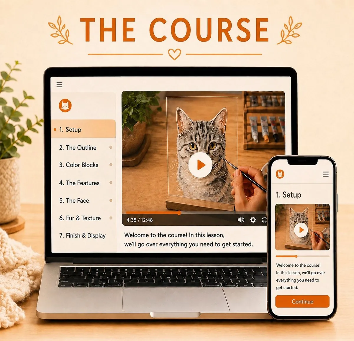 The course shown on a laptop and phone, with the seven lessons listed