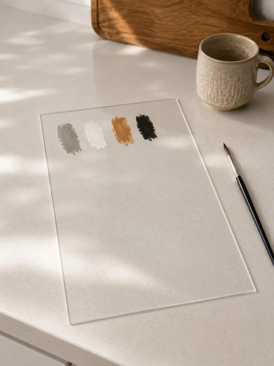A clean pane of glass on a kitchen counter with acrylic paints and a brush