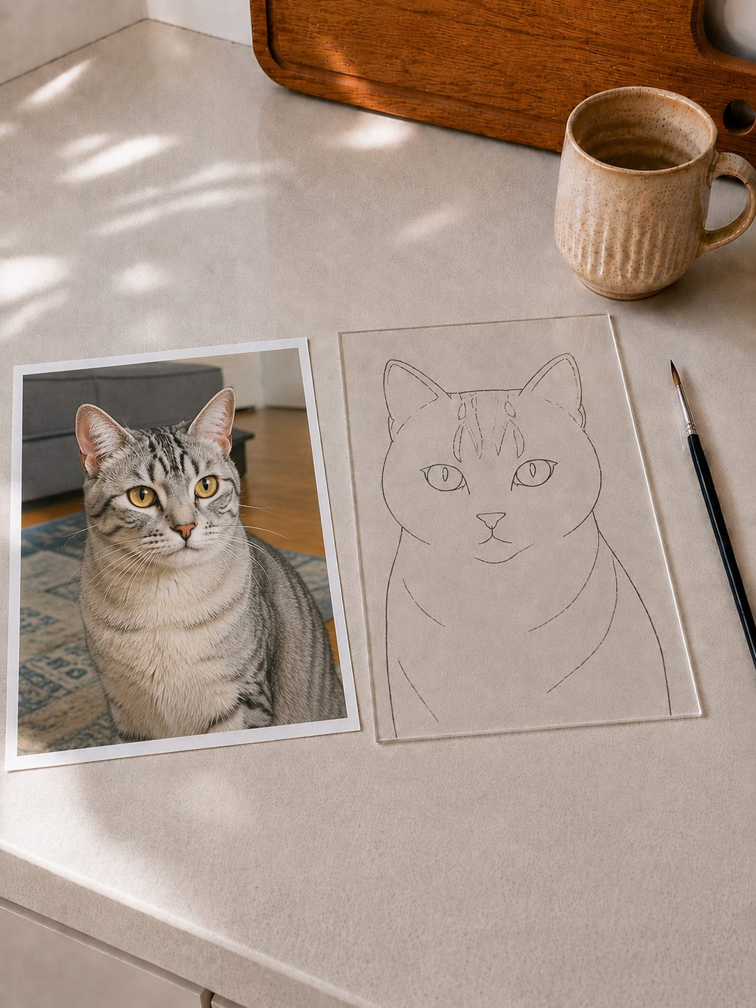 A printed cat photo beside the glass pane with the outline traced on top