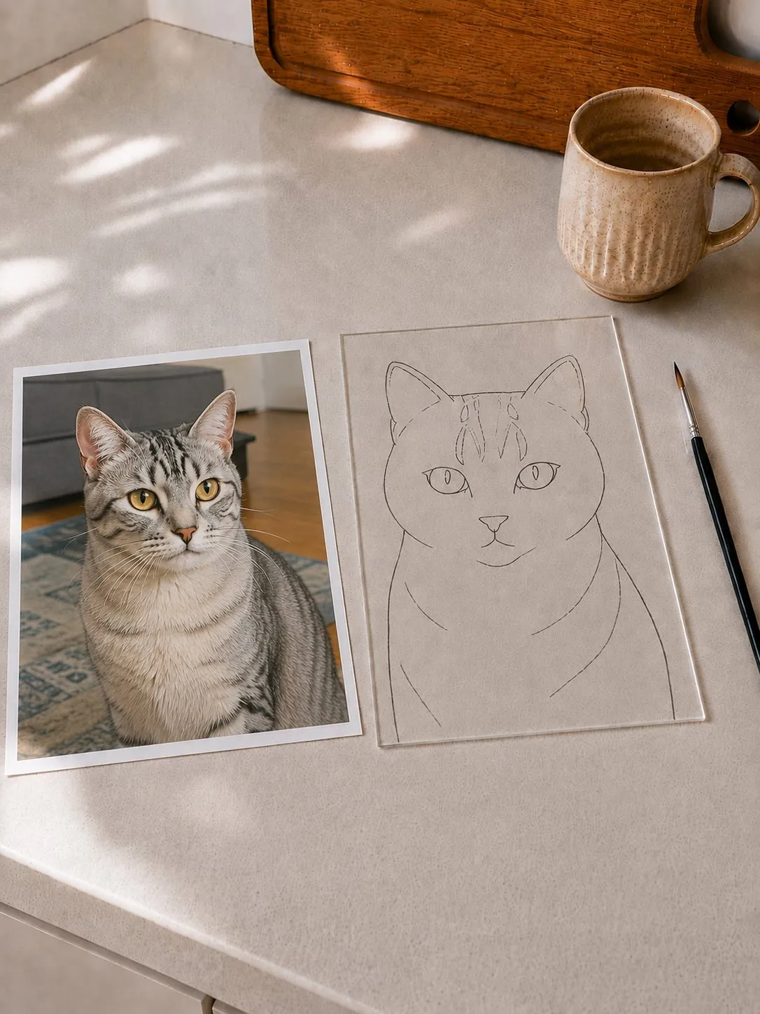 A printed cat photo beside the glass pane with the outline traced on top