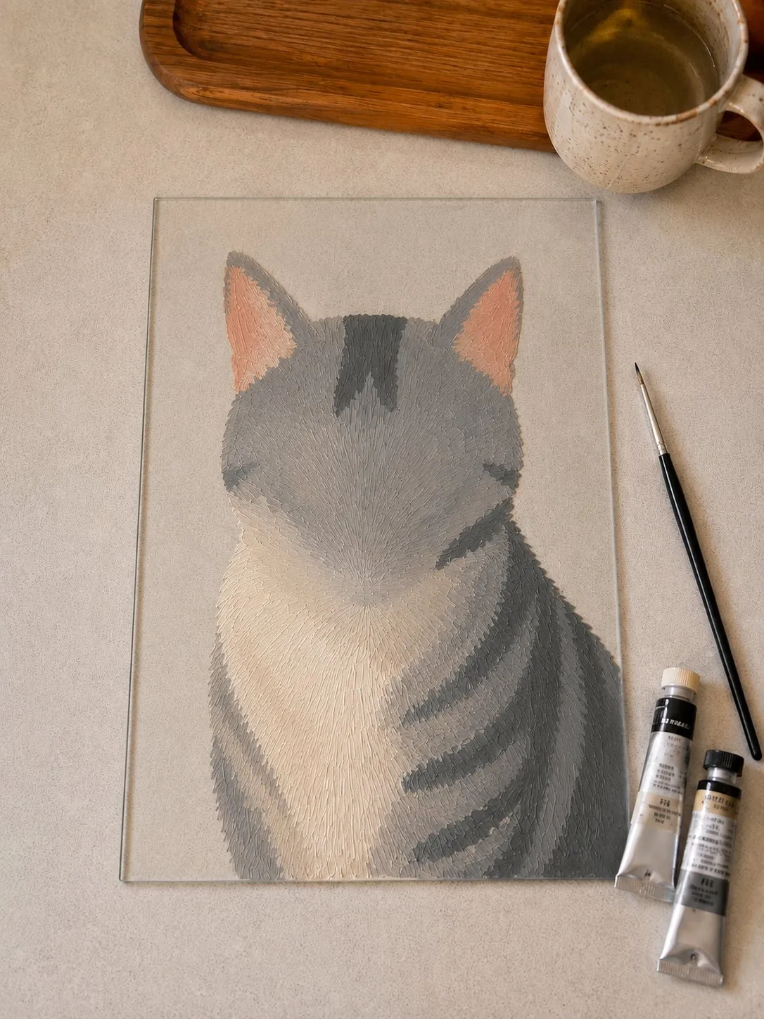 The cat's full coat painted in fur strokes, before any facial features