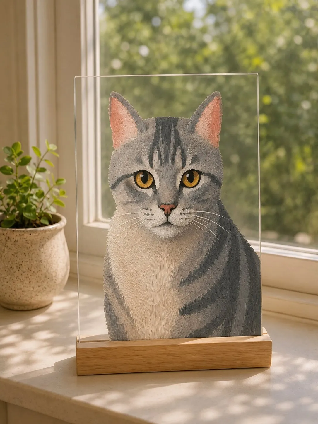 The finished glass cat portrait standing on display