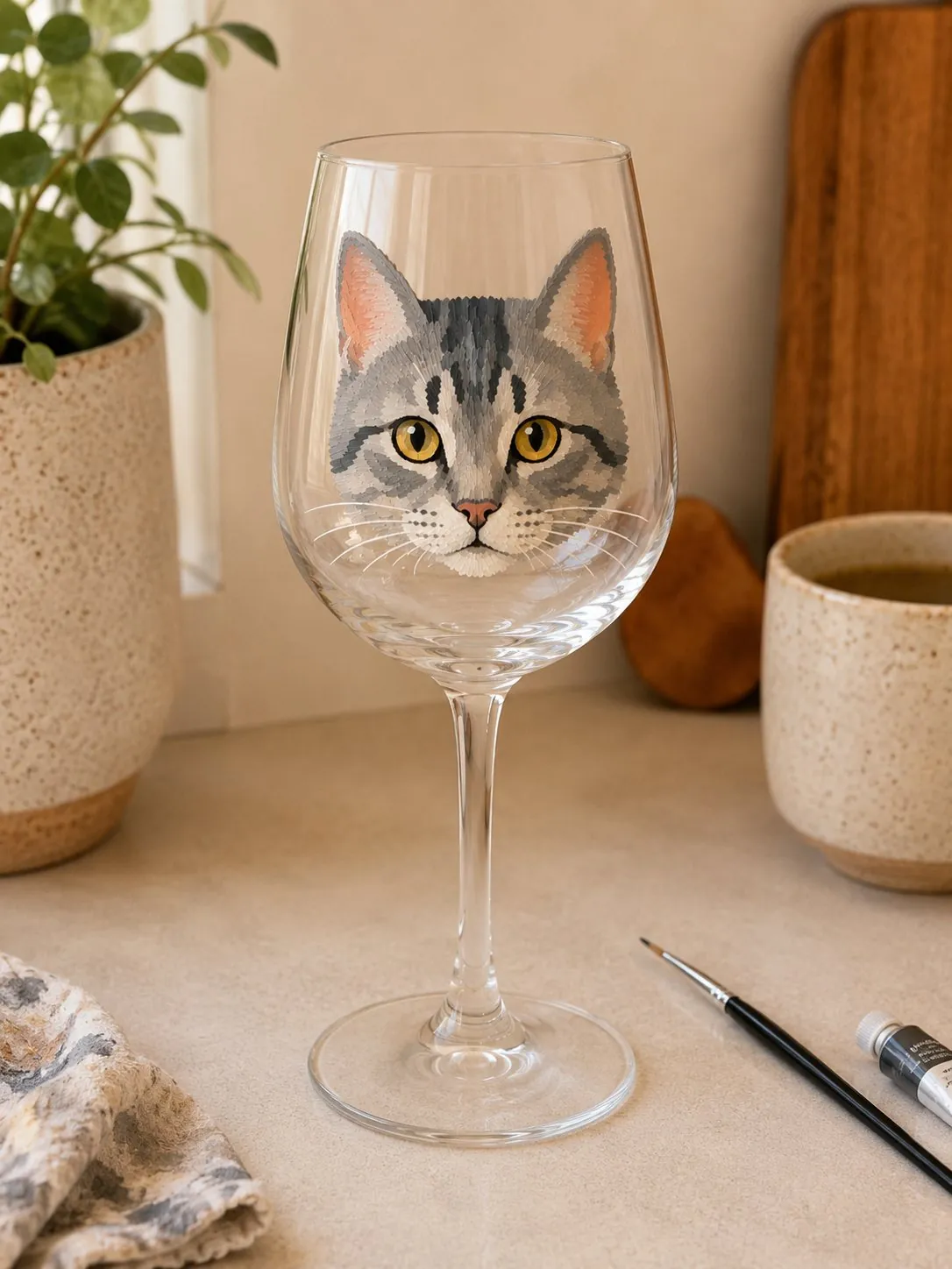 A wine glass with a cat hand-painted on the bowl